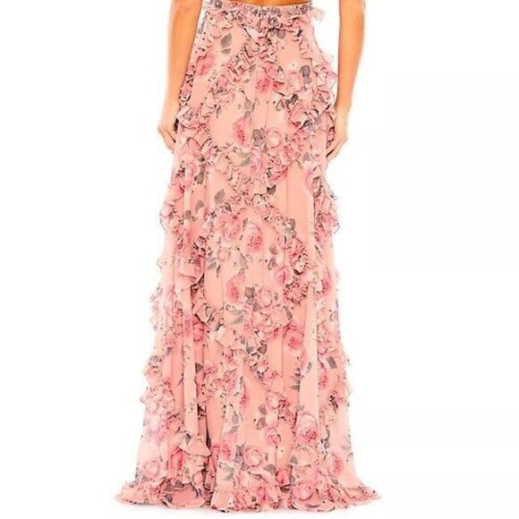 Mac Duggal Rose Pink Floral Ruffle Chiffon Cut-Out Beaded Waist Gown - Picture 4 of 5